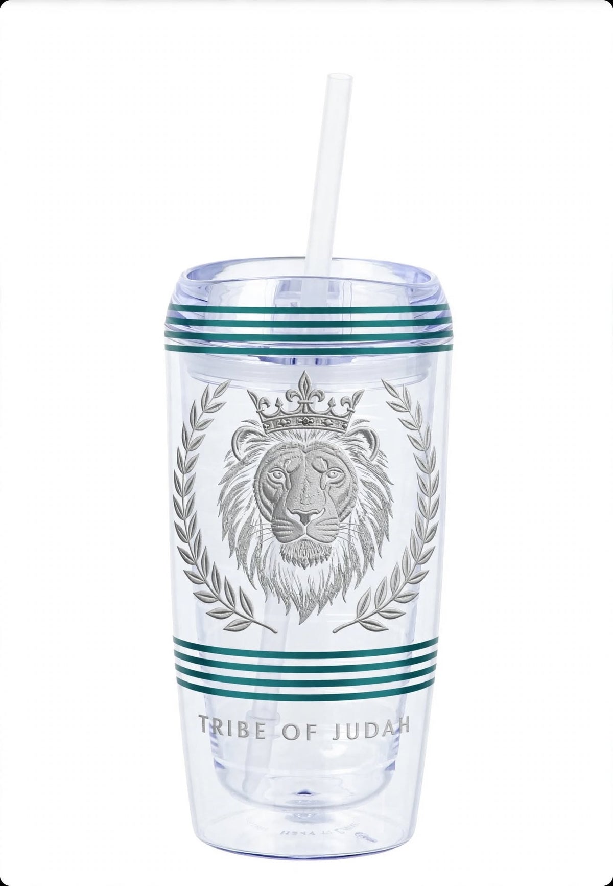 Tribe of Judah 16oz Acrylic Tumbler | Clear Insulated Travel Cup with Straw & Teal Accents