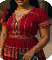 Chayil Heritage Boho Midi Dress in Crimson Red — front view showing gold embroidered neckline, cinched waist, and gold bangles