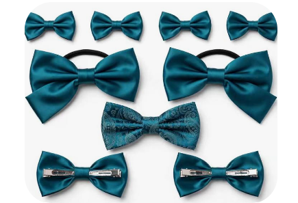 Family Ceremonial Accessory Set — Teal Brocade Bow Tie with assorted teal liquid satin bows in multiple sizes