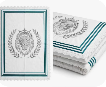 Tribe of Judah Embroidered Prayer Mat — White with Teal Border, Lace Edge and Silver Lion Crest