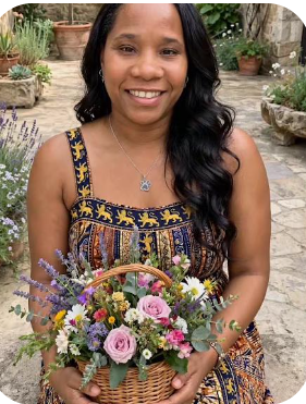 Chayil Lion of the Tribe of Judah Garden Dress Final Ankara Edition — model in navy and gold batik maxi with lion print, holding flower basket in garden setting with olive tree and lavender