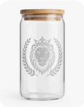 Tribe of Judah Glass Storage Canister — clear borosilicate apothecary jar with frosted Lion Crest laser etching and natural bamboo airtight lid