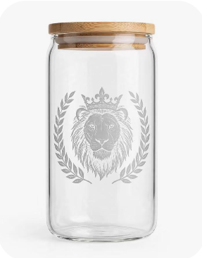 Tribe of Judah Glass Storage Canister — clear borosilicate apothecary jar with frosted Lion Crest laser etching and natural bamboo airtight lid