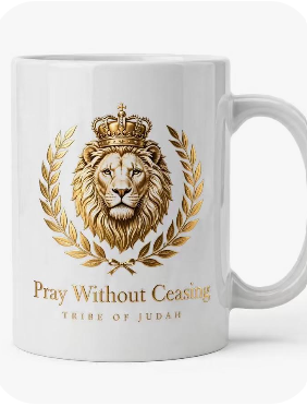 Pray Without Ceasing 11oz Ceramic Mug — white glossy ceramic prayer cup with gold foil Crowned Lion and Laurel Wreath crest and Pray Without Ceasing script text