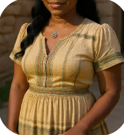 Chayil Heritage Boho Midi Dress in Wheat Gold — front view showing embroidered neckline and cinched waist