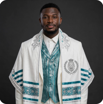 Groom wearing White Tallit with Teal Stripes & Silver Crowned Lion's Head Wreath Crest — Tribe of Judah Royal Wedding Suite