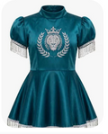 Young Daughters of Zion Liturgical Dress — Teal Liquid Satin with Silver Lion Crest embroidery and silver fringe trim on sleeves and hem