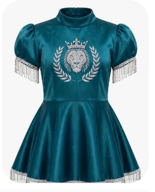 Young Daughters of Zion Liturgical Dress — Teal Liquid Satin with Silver Lion Crest embroidery and silver fringe trim on sleeves and hem
