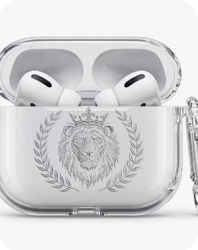 Royal Judah Crystal Clear AirPods Case with Silver Lion Crest and Carabiner Clip