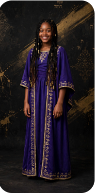 Chayil Rising Heritage Dress - Royal purple full-length kaftan with gold Paleo-Hebrew border trim, girls tween ceremonial dress
