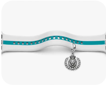 Royal Judah Striped White Watch Band with Deep Teal Stripe and 925 Sterling Silver Lion Charm