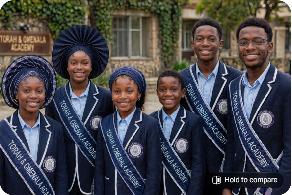 Torah & Omenala Academy students in navy blazer uniform set with gold emblem sashes