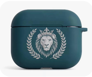 Royal Judah Teal AirPods Case with Silver Lion Crest and Stainless Steel Carabiner Clip