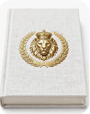Tribe of Judah Hardcover Linen Journal — ivory white natural linen hardcover prayer notebook with raised gold foil Crowned Lion and Laurel Wreath crest
