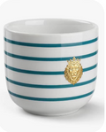 Royal Judah Teal Striped Communion Cup — white glossy handleless ceramic prayer pot with 6 deep teal horizontal bands and raised gold Crowned Lion emblem