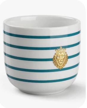 Royal Judah Teal Striped Communion Cup — white glossy handleless ceramic prayer pot with 6 deep teal horizontal bands and raised gold Crowned Lion emblem