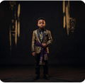 Royal Judah Boys Heritage Suit - Gold Paleo-Hebrew brocade blazer with black trousers and purple sash