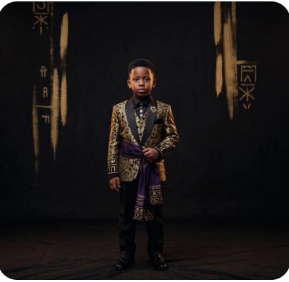 Royal Judah Boys Heritage Suit - Gold Paleo-Hebrew brocade blazer with black trousers and purple sash