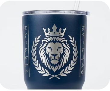 Tribe of Judah Paleo-Hebrew 20oz Navy Tumbler — matte navy blue stainless steel travel mug with silver laser-engraved Crowned Lion crest and twin vertical Paleo-Hebrew character pillars