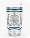 Tribe of Judah 24oz Acrylic Tumbler — clear double-wall insulated travel cup with frosted Lion Crest laser etching and deep teal stripe accents