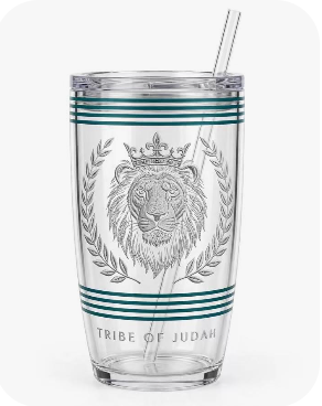 Tribe of Judah 24oz Acrylic Tumbler — clear double-wall insulated travel cup with frosted Lion Crest laser etching and deep teal stripe accents