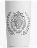 Tribe of Judah 20oz White Insulated Tumbler — bone white matte stainless steel travel mug with silver laser-engraved Crowned Lion and Laurel Wreath crest and teal accent bands
