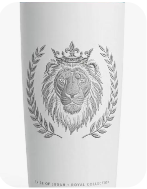 Tribe of Judah 20oz White Insulated Tumbler — bone white matte stainless steel travel mug with silver laser-engraved Crowned Lion and Laurel Wreath crest and teal accent bands