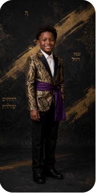 Royal Judah Wide-Back Gold Brocade Blazer - Boys ceremonial blazer with gold damask pattern, purple sash and Paleo-Hebrew accents
