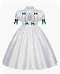Daughters of Zion Sovereign Gala Gown — White Mikado Satin with Silver Lion Crest embroidery and teal satin bows