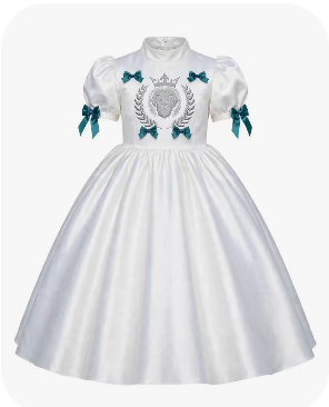 Daughters of Zion Sovereign Gala Gown — White Mikado Satin with Silver Lion Crest embroidery and teal satin bows