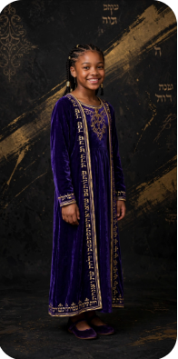 Chayil Promise Heritage Dress - Royal purple velvet girls ceremonial gown with gold Paleo-Hebrew panel trim
