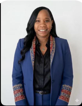 Chayil Heritage Suit — Tribe of Judah Edition: Royal Blue women’s blazer with Paleo-Hebrew embroidered lapel and cuff trim, worn with black blouse