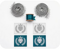 Royal Judah Embellishment Kit — 4 silver embroidered lion crest patches on white and teal twill, silver bugle bead fringe spools, and teal liquid satin ribbon spool