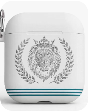 Royal Judah Striped White AirPods Case with Silver Lion Crest, Teal Stripe Bands and Carabiner Clip