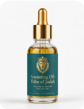 Tribe of Judah Holy Anointing Oil — 2oz clear flint glass dropper bottle with deep teal label, gold foil Crowned Lion crest, and gold metallic dropper cap