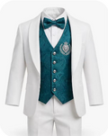 Royal Judah Youth 5-Piece Tuxedo Ensemble — White Shawl Jacket with Teal Brocade Vest and matching bow tie
