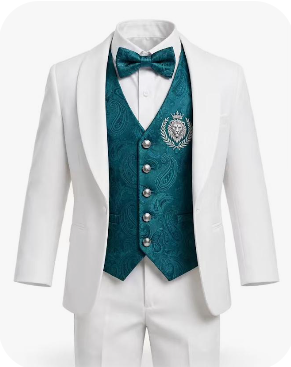 Royal Judah Youth 5-Piece Tuxedo Ensemble — White Shawl Jacket with Teal Brocade Vest and matching bow tie