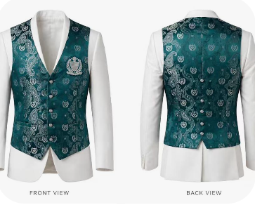 Teal Brocade Paisley Groom Vest - Front and Back View - Shield & Laurel Royal Crest - Tribe of Judah Royal Wedding Suite