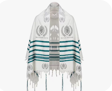 Sovereign Prayer Tallit - White with Teal Stripes and Silver Shield & Laurel Royal Crest
