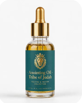 Tribe of Judah Holy Anointing Oil — close-up of deep teal label with gold lion crest and Anointing Oil Tribe of Judah text