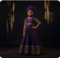 Chayil Armor Mini - Royal Purple Children's Heritage Ceremonial Gown with gold Paleo-Hebrew trim and matching head wrap