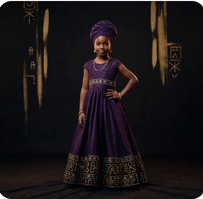 Chayil Armor Mini - Royal Purple Children's Heritage Ceremonial Gown with gold Paleo-Hebrew trim and matching head wrap
