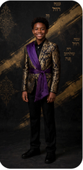Royal Judah Wide-Back Gold Brocade Blazer - Tween boys ceremonial blazer with gold damask, purple sash and Paleo-Hebrew accents