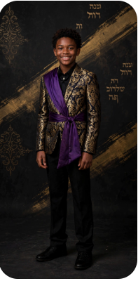 Royal Judah Wide-Back Gold Brocade Blazer - Tween boys ceremonial blazer with gold damask, purple sash and Paleo-Hebrew accents