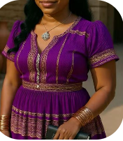 Chayil Heritage Boho Midi Dress in Royal Purple — front view showing gold embroidery on neckline, cuffs, and tiered hem with gold bangle accessories