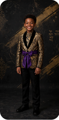 Royal Judah Wide-Back Gold Brocade Blazer - Little Kings boys ceremonial blazer with gold damask pattern and purple sash