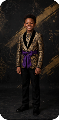 Royal Judah Wide-Back Gold Brocade Blazer - Little Kings boys ceremonial blazer with gold damask pattern and purple sash