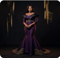 Chayil Armor Gown - Royal Purple Mermaid with Gold Paleo-Hebrew trim, off-shoulder heritage design