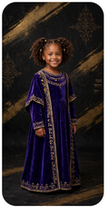 Chayil Daughter Heritage Dress - Royal purple velvet kaftan with gold Paleo-Hebrew border trim, girls ceremonial dress
