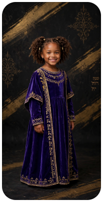 Chayil Daughter Heritage Dress - Royal purple velvet kaftan with gold Paleo-Hebrew border trim, girls ceremonial dress